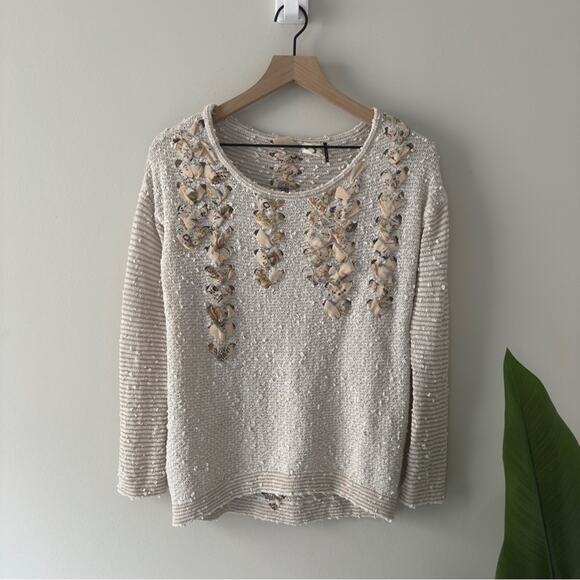 Anthropologie Akemi + Kin Cream Gray White Ribbon Embellished Knit Sweater Top - Picture 1 of 14